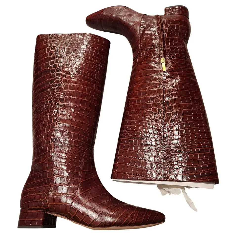 Veronica Beard Cecile Croc embossed tall leather brown boots size 11